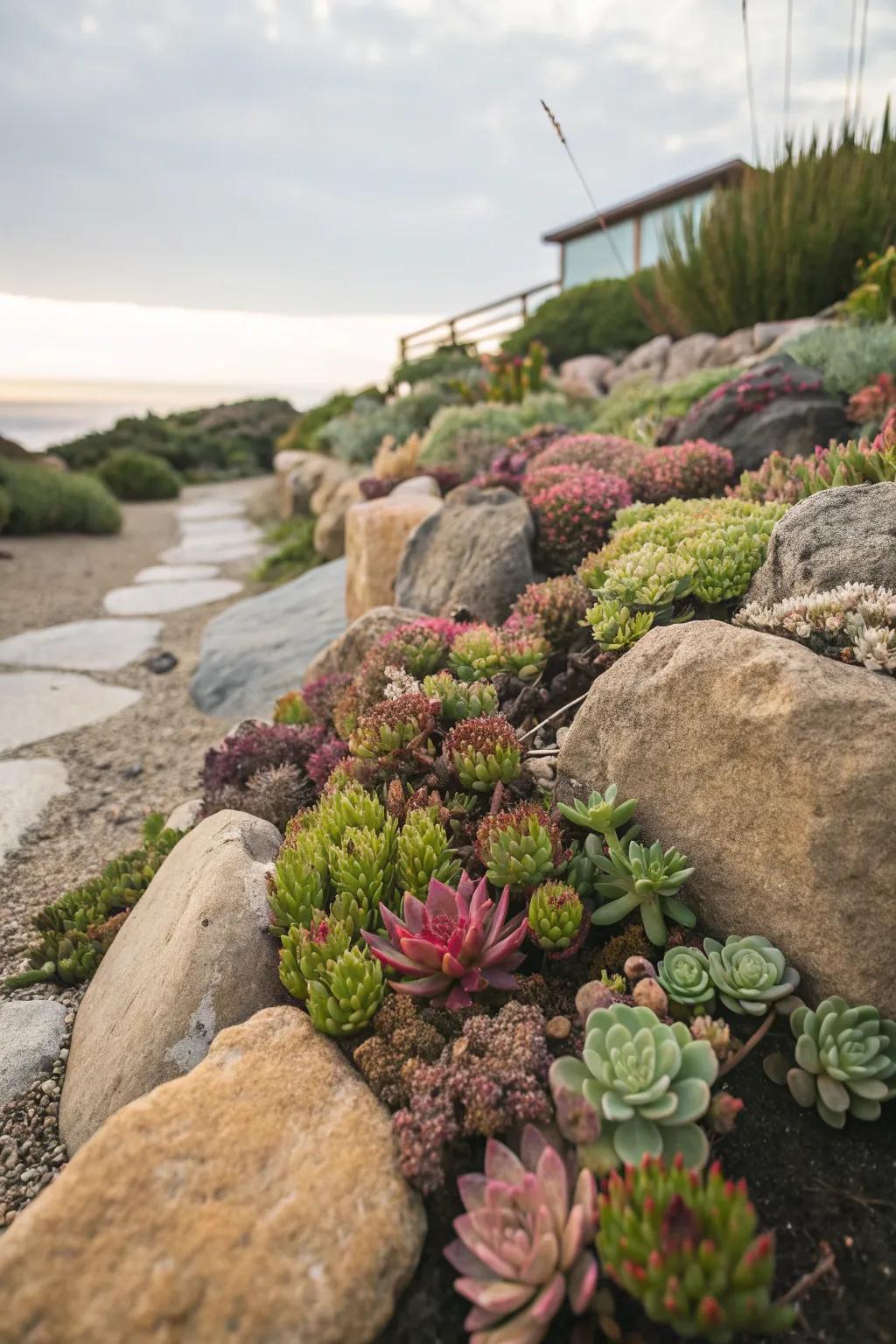Succulents thrive in rocky environments, adding color and texture.