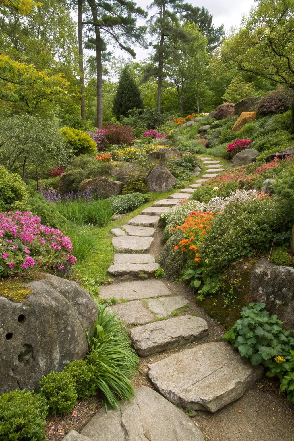 Stepping stones lead you through a lush rock garden.