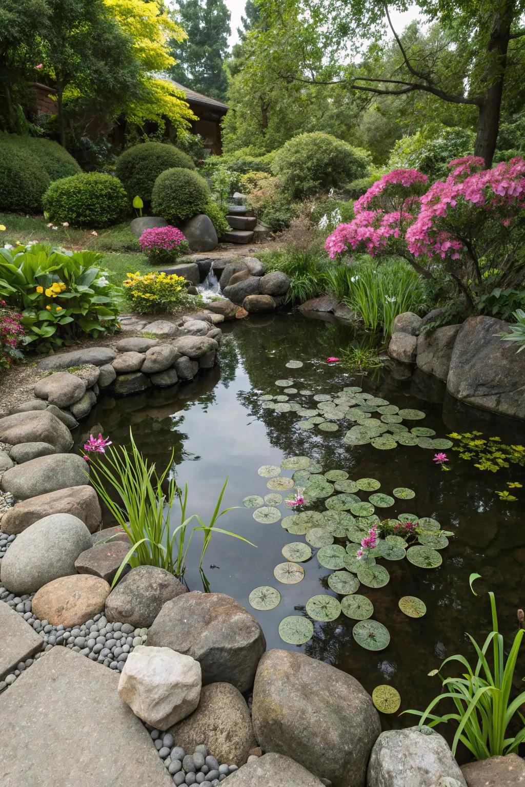 A small pond adds tranquility to your rock garden.