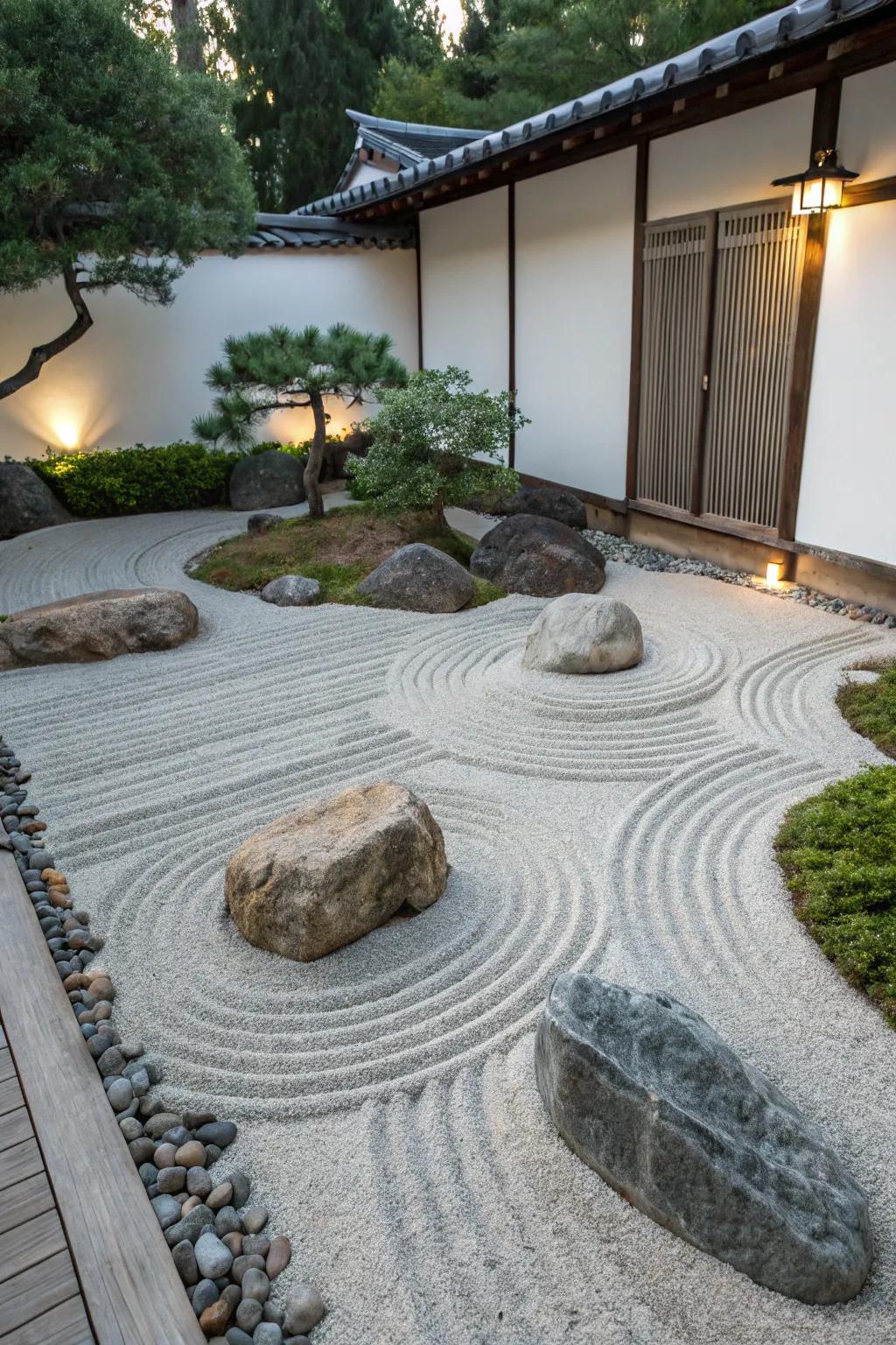 A Zen garden offers a tranquil escape.