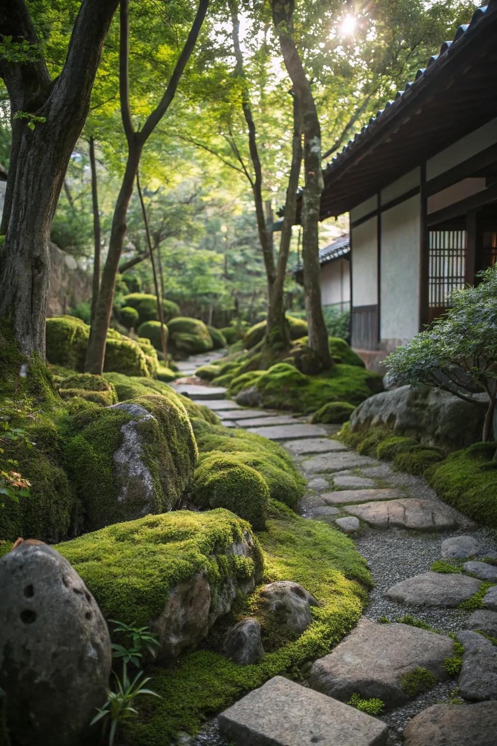 Moss adds a soft, green touch to shaded gardens.