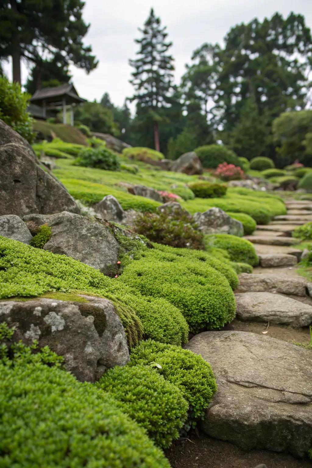 Groundcovers weave through rocks, adding lush texture.