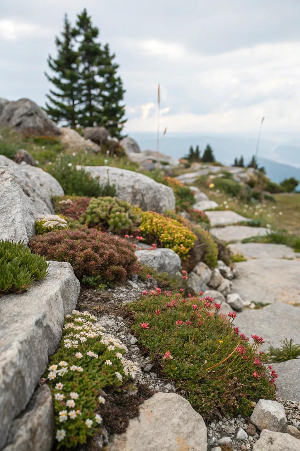 Alpine plants thrive in rocky gardens, offering delicate beauty.