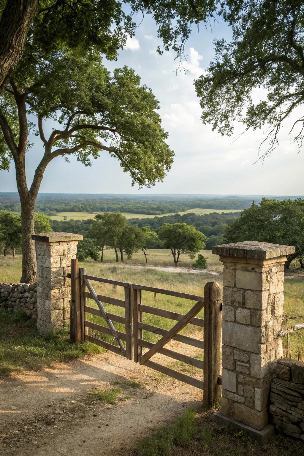 Natural materials for an enduring ranch gate look.