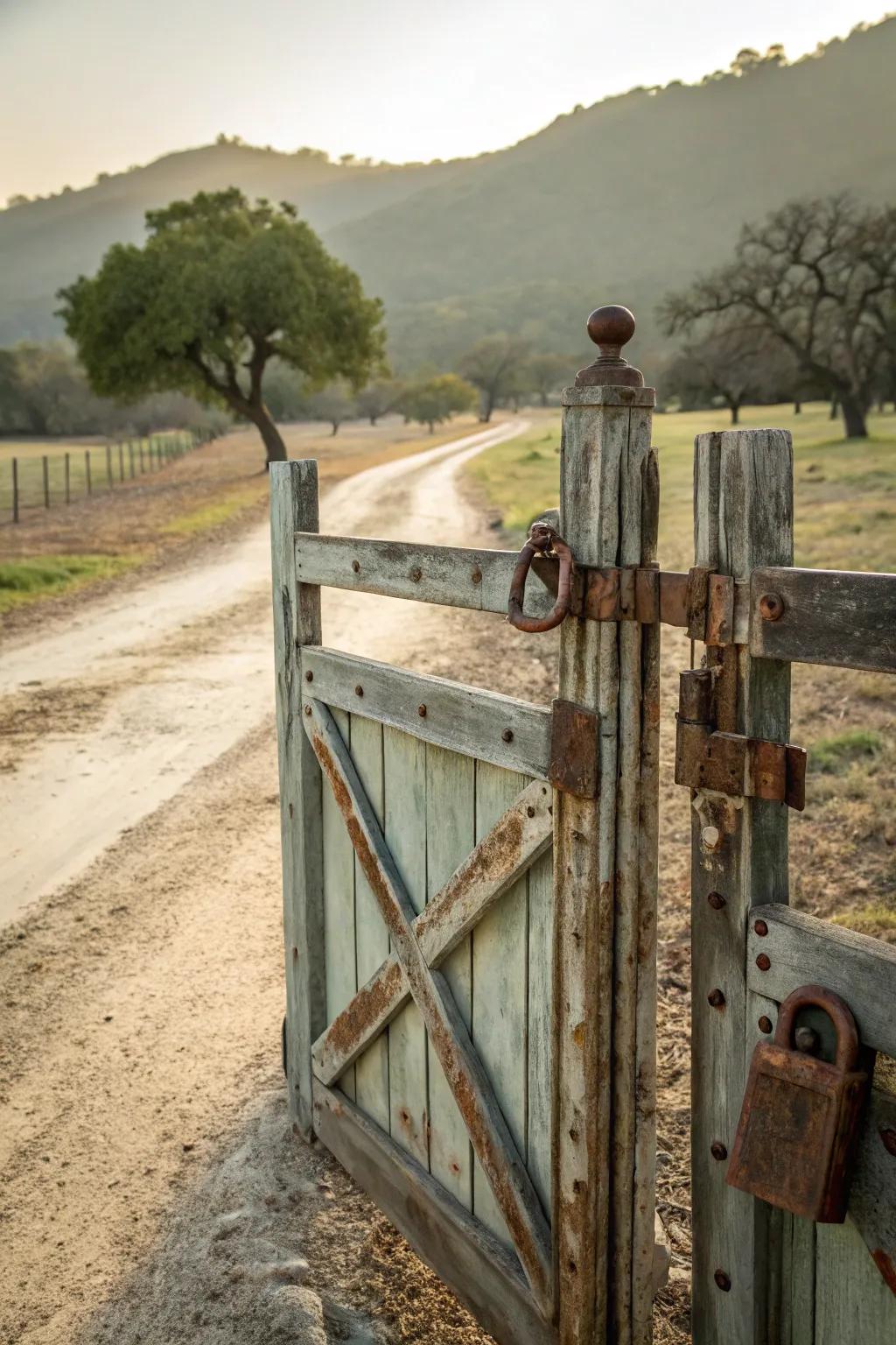 Vintage finishes and hardware giving a charming gate look.