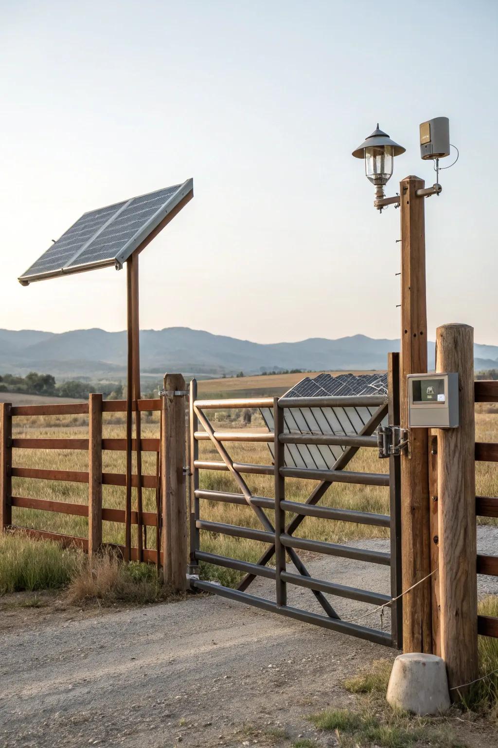Solar-powered automated gate enhancing functionality and eco-friendliness.