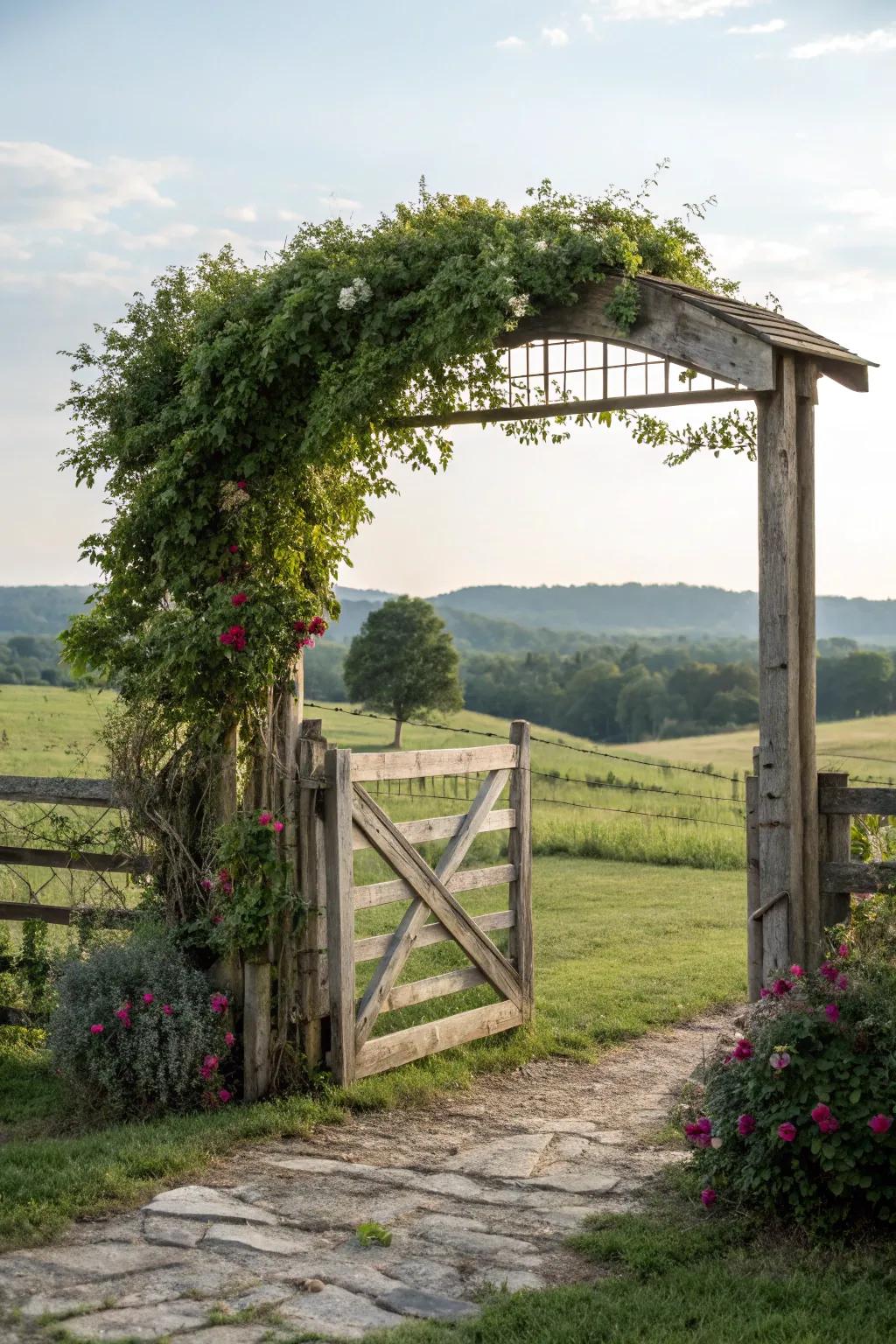 Archway of climbing plants enriching gate’s natural beauty.