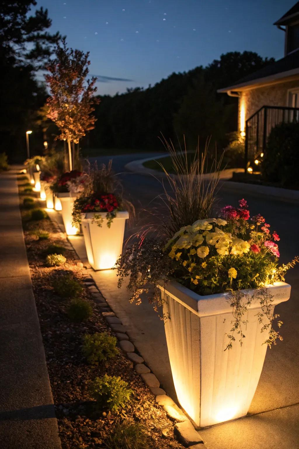 Enhance your driveway with illuminated planters.