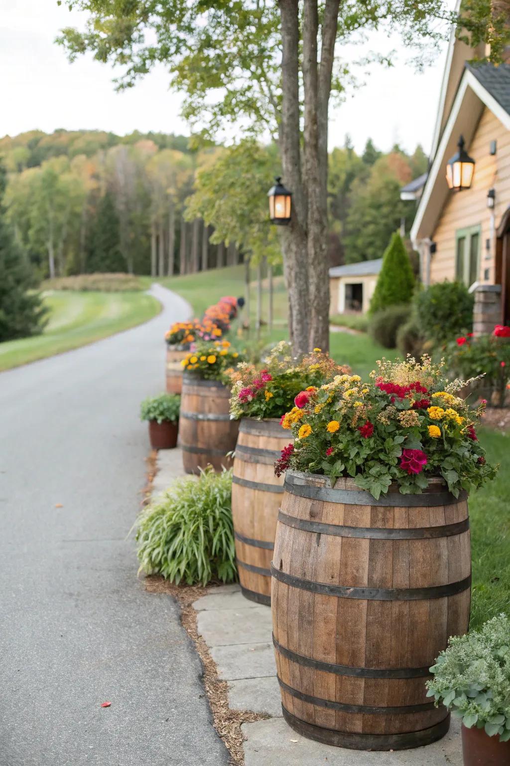 Add rustic charm with barrel planters.