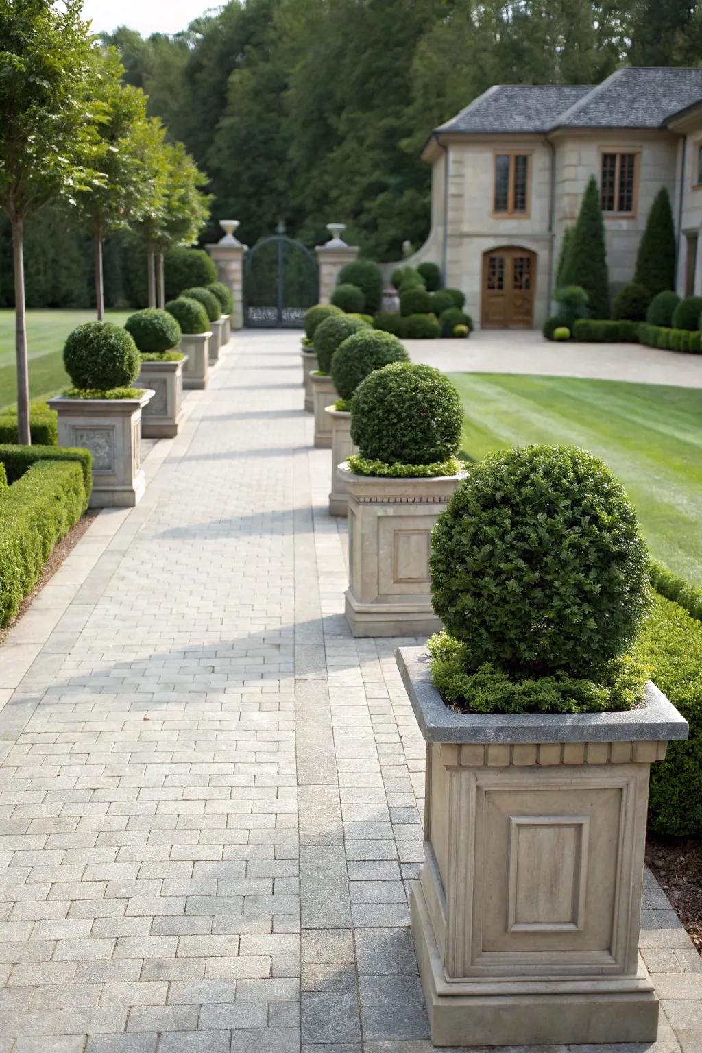 Add a touch of formality with boxwood planters.