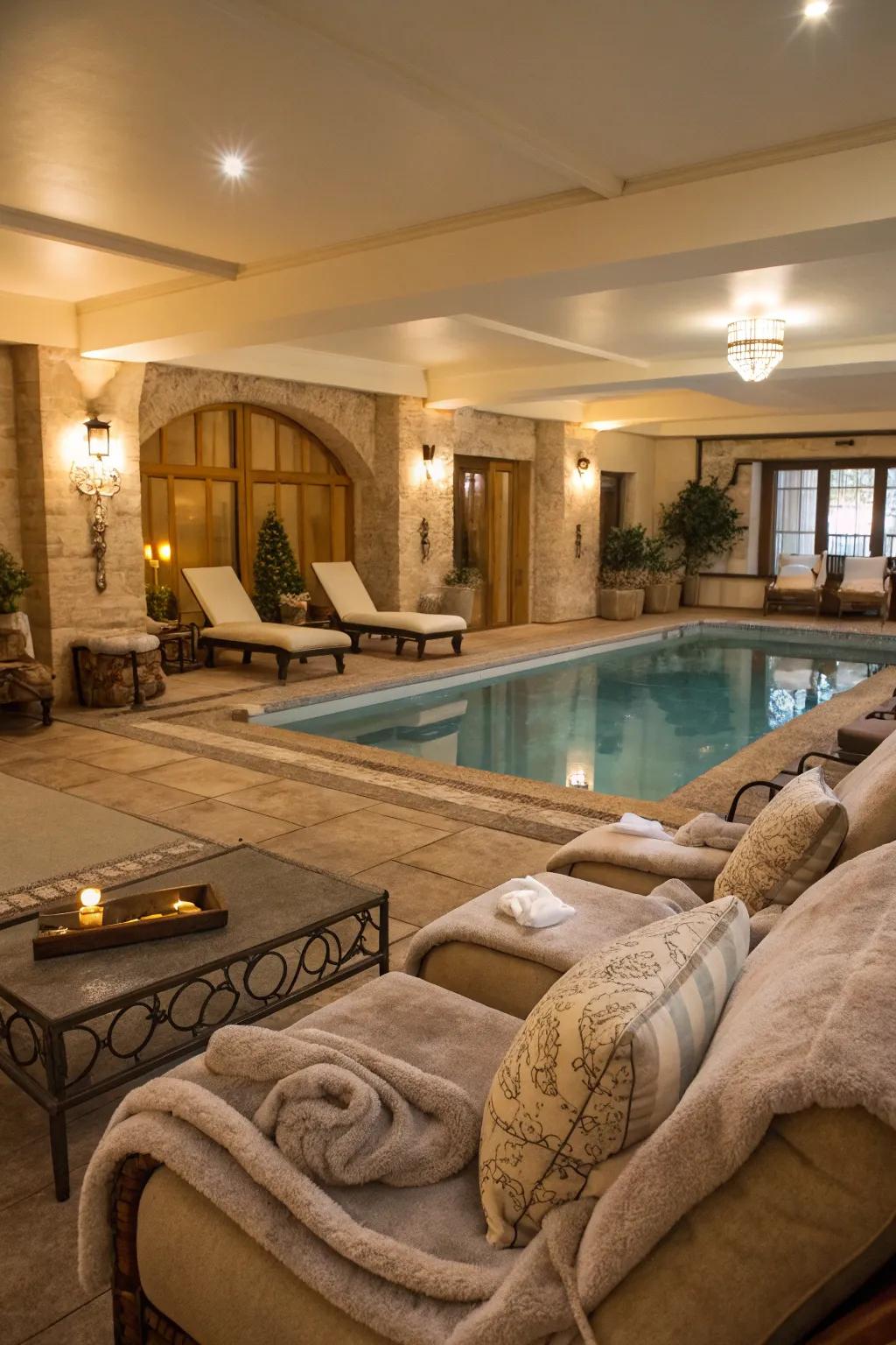 Comfortable seating areas near the pool invite relaxation.