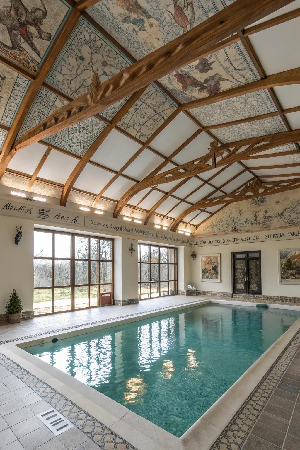 Unique ceiling treatments enhance the pool room's design.