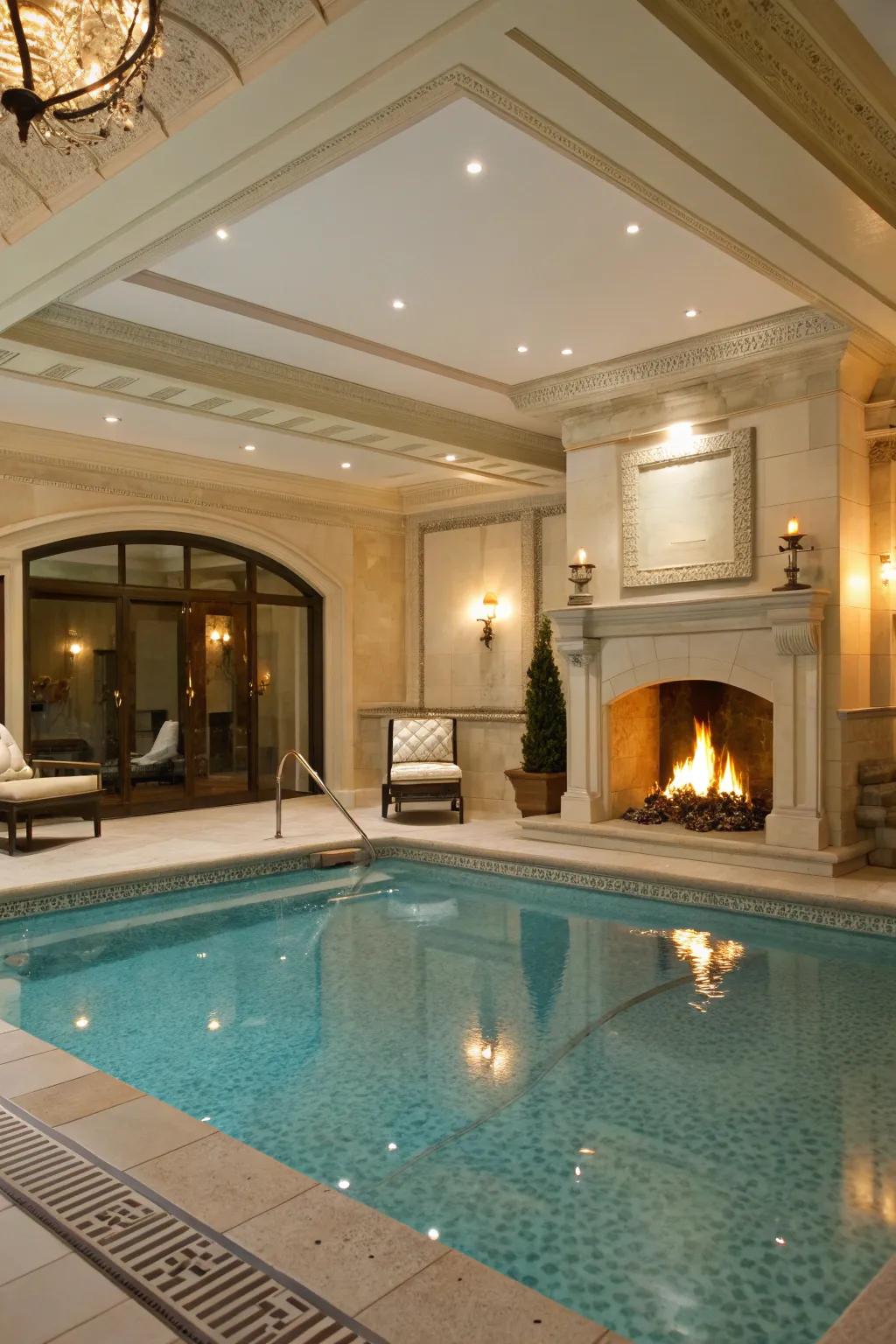 An inviting fireplace nook brings warmth and sophistication.