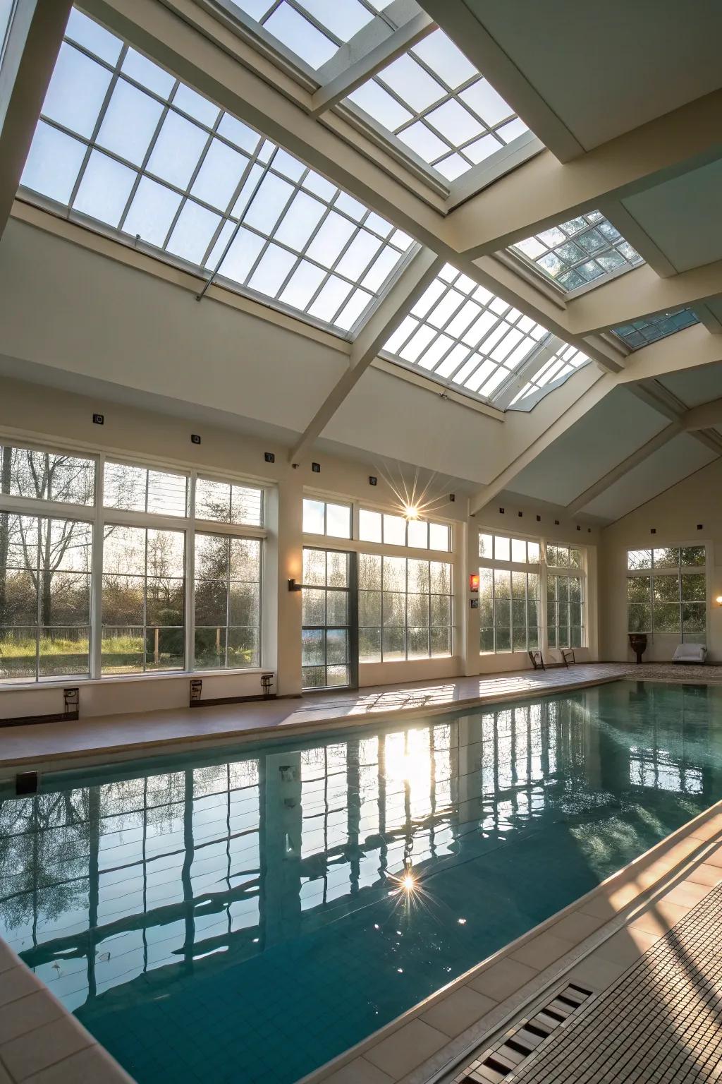 Natural light brightens an indoor pool room beautifully.
