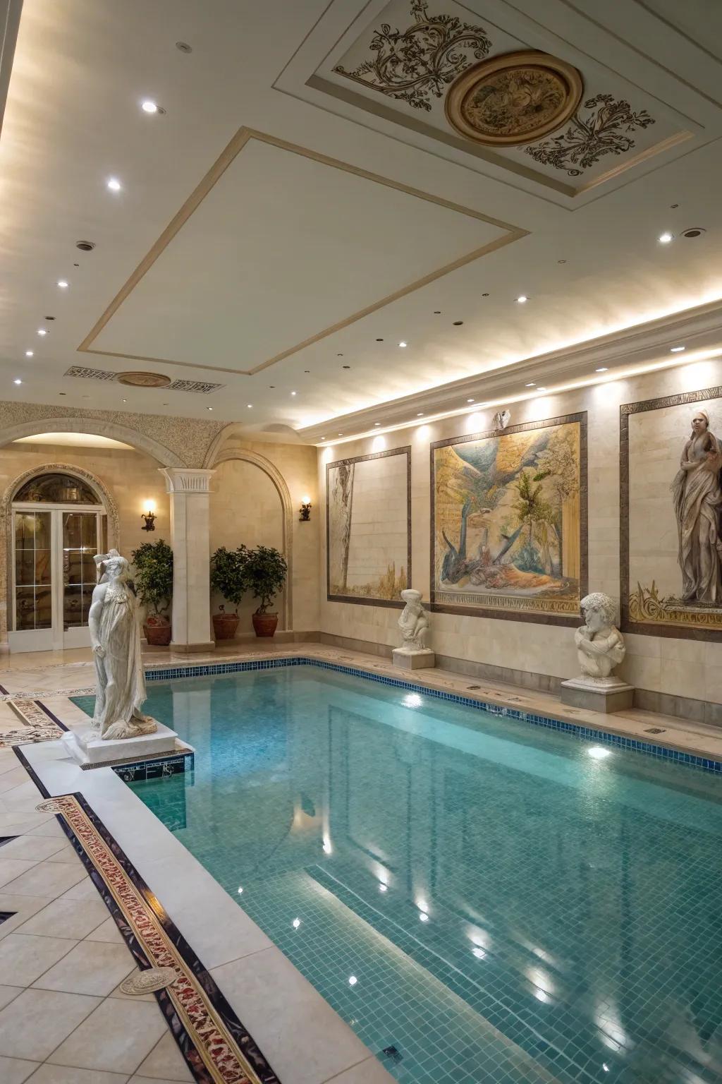 Artistic decor adds depth and personality to the pool room.