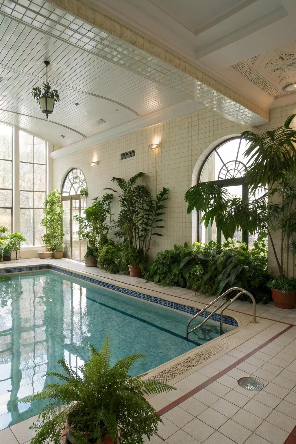 Indoor plants refresh and enliven the pool room atmosphere.