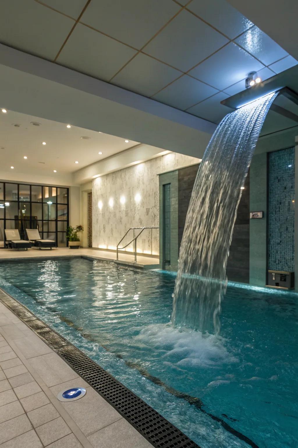 Waterfall feature adds a tranquil element to the pool space.
