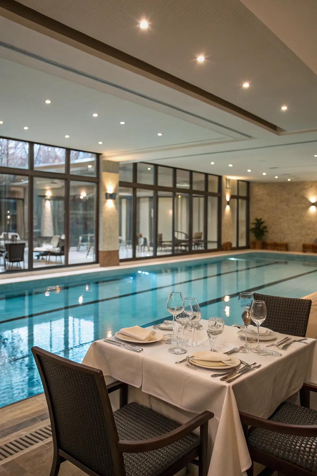 Dining area overlooking the shimmering indoor pool.