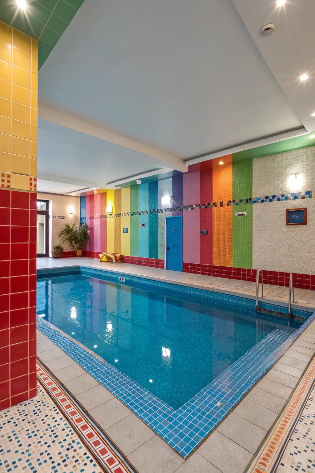 Colorful accents energize the pool room design.