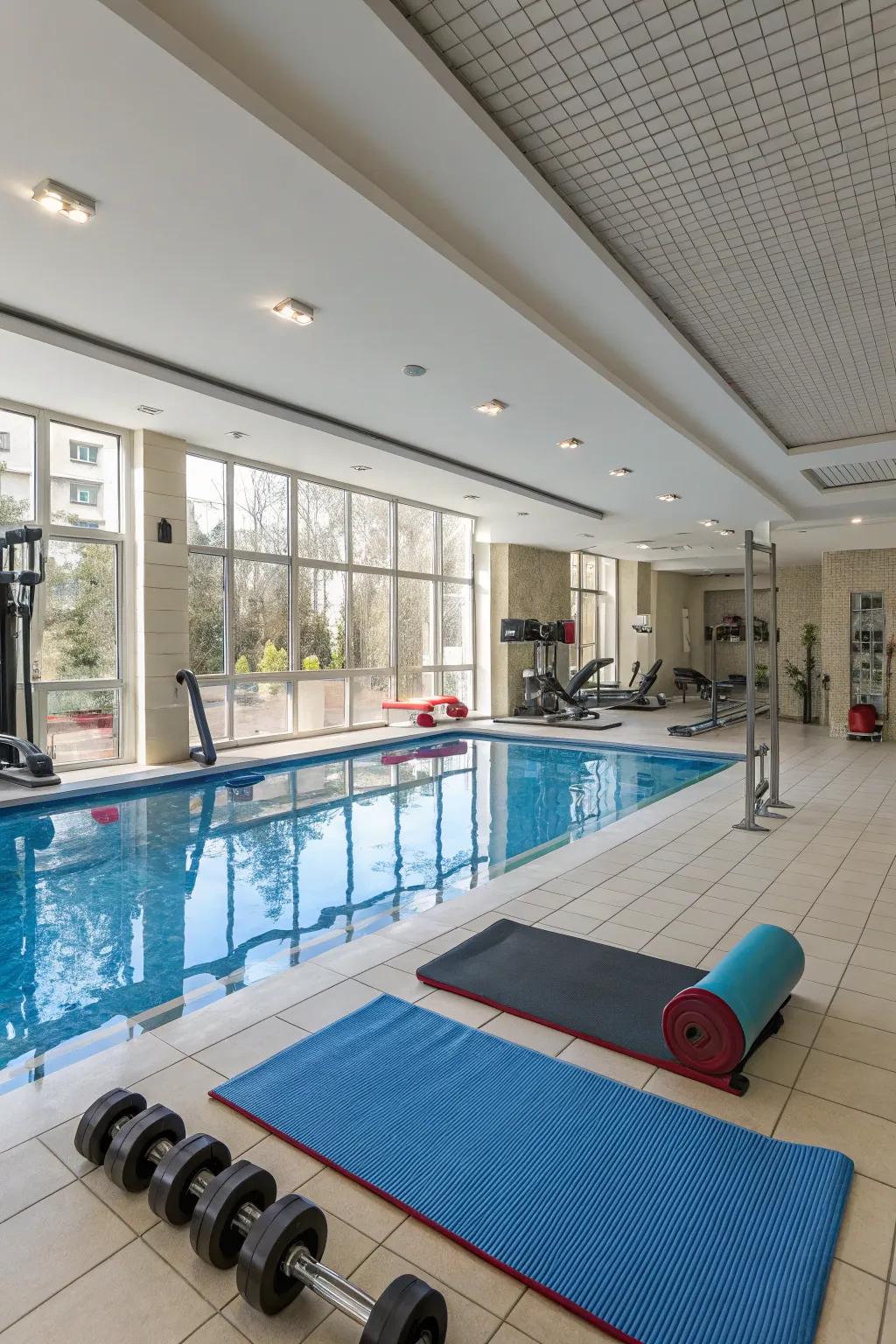 Multipurpose space with pool, fitness area, and leisure zones.