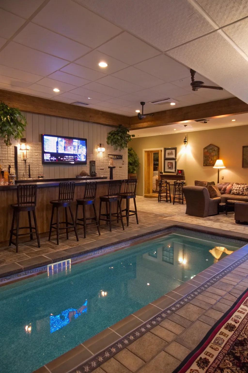 Entertainment section creates vibrant social opportunities by the pool.