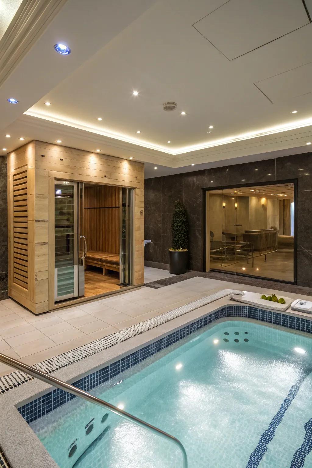 Spa features add wellness and luxury to the pool room.