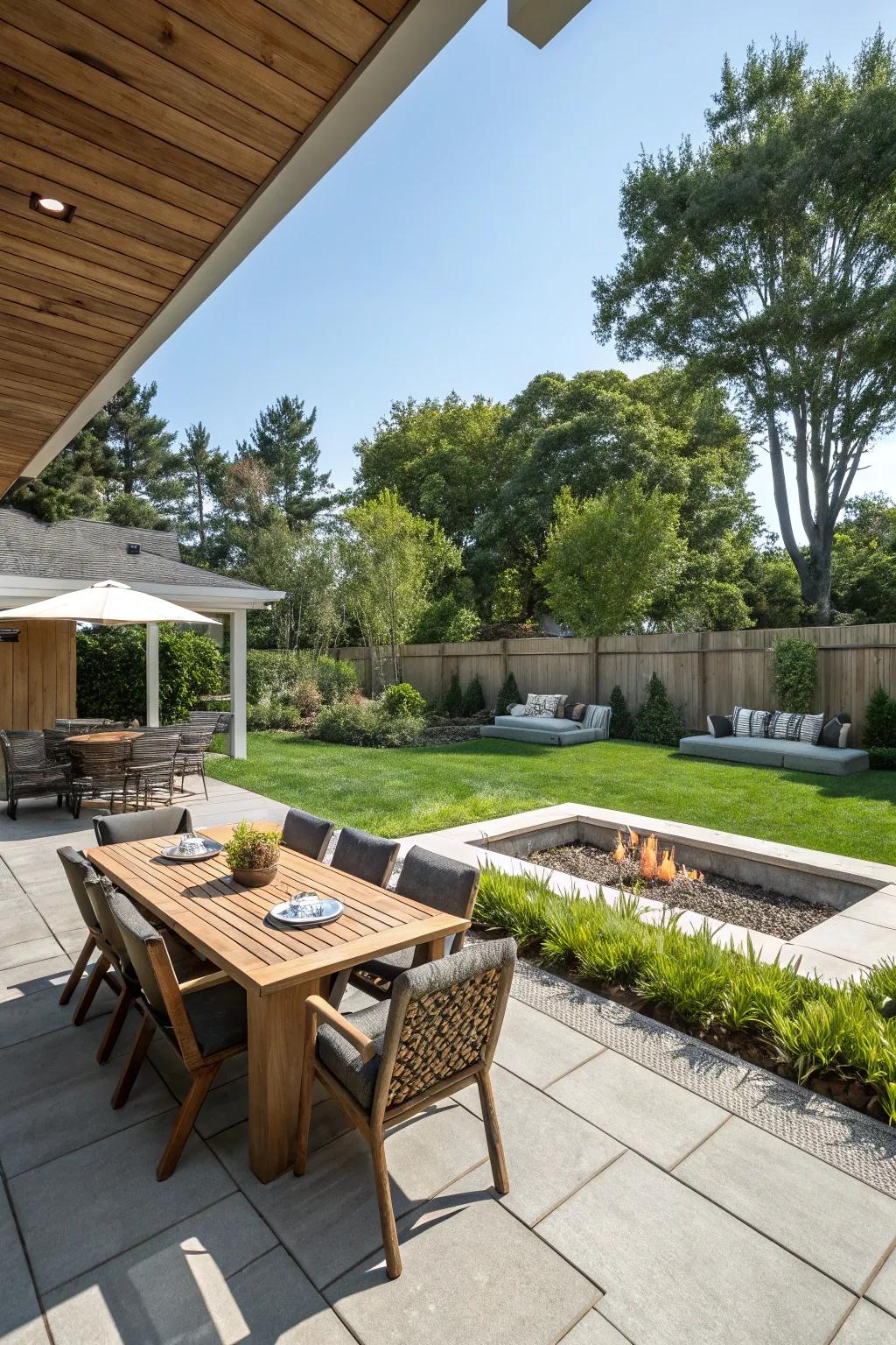 Backyard segmented into practical areas for different activities.