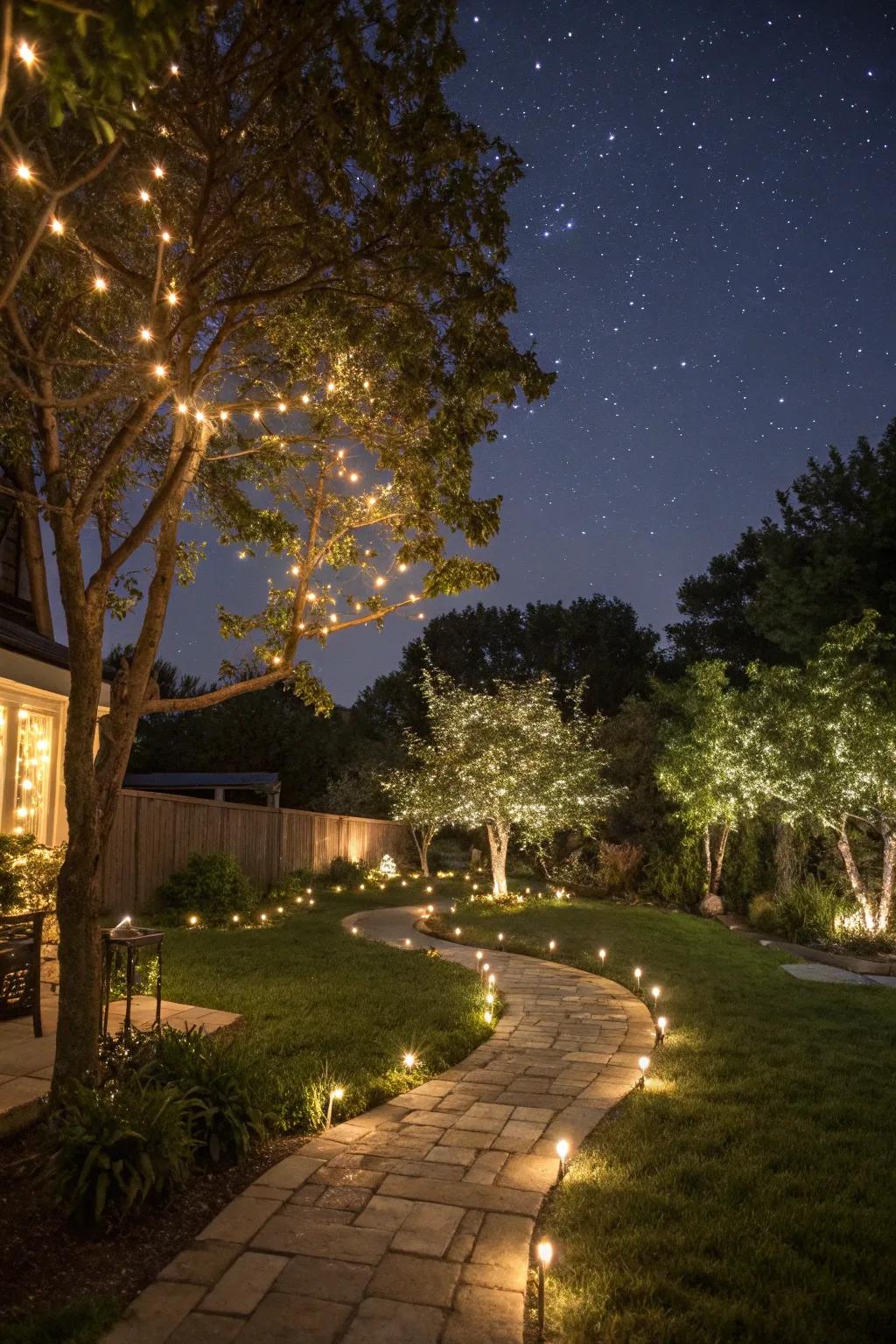 Gentle lighting enhancing the backyard's nighttime ambiance.