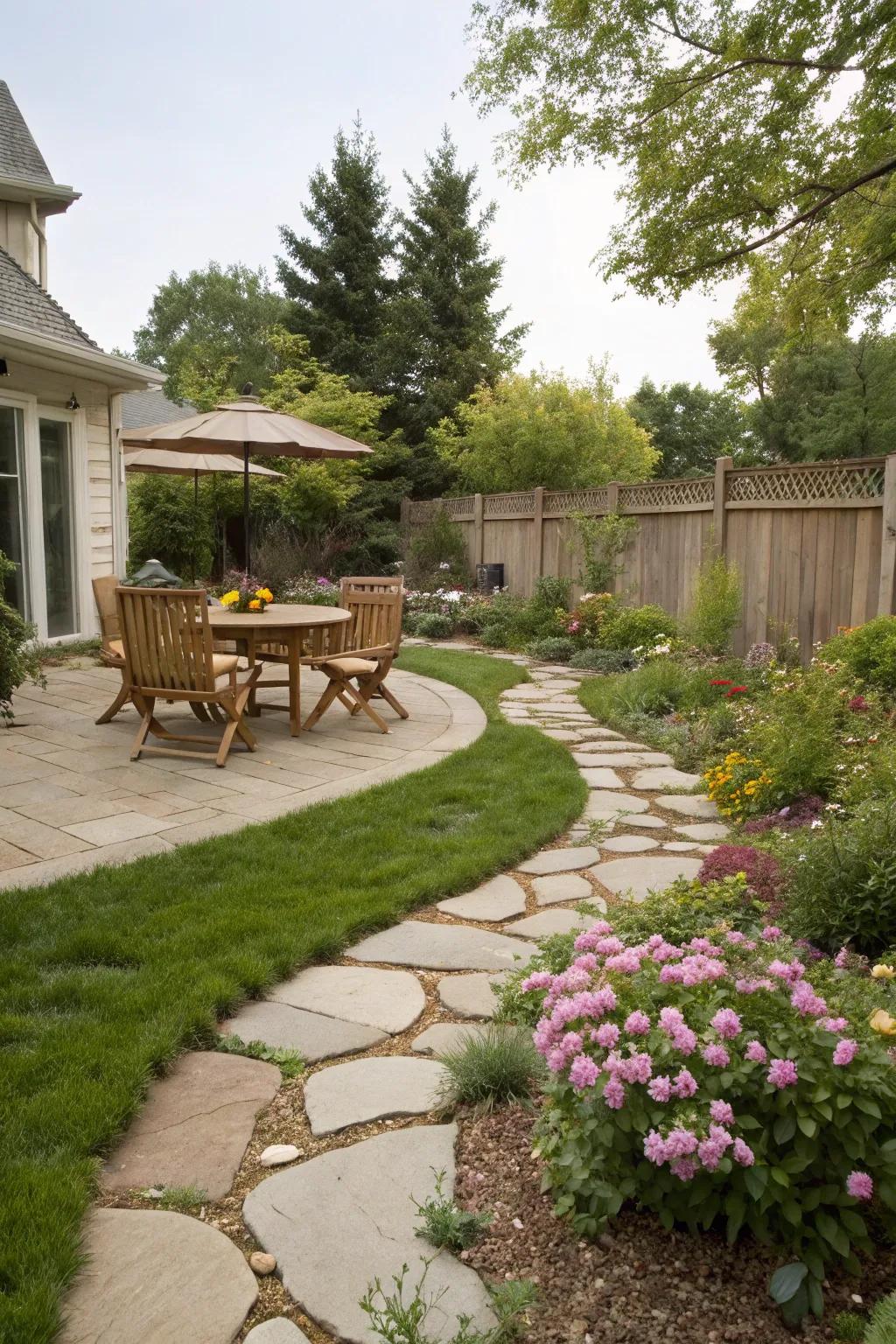 Stone pathways and patios creating defined spaces and inviting movement.