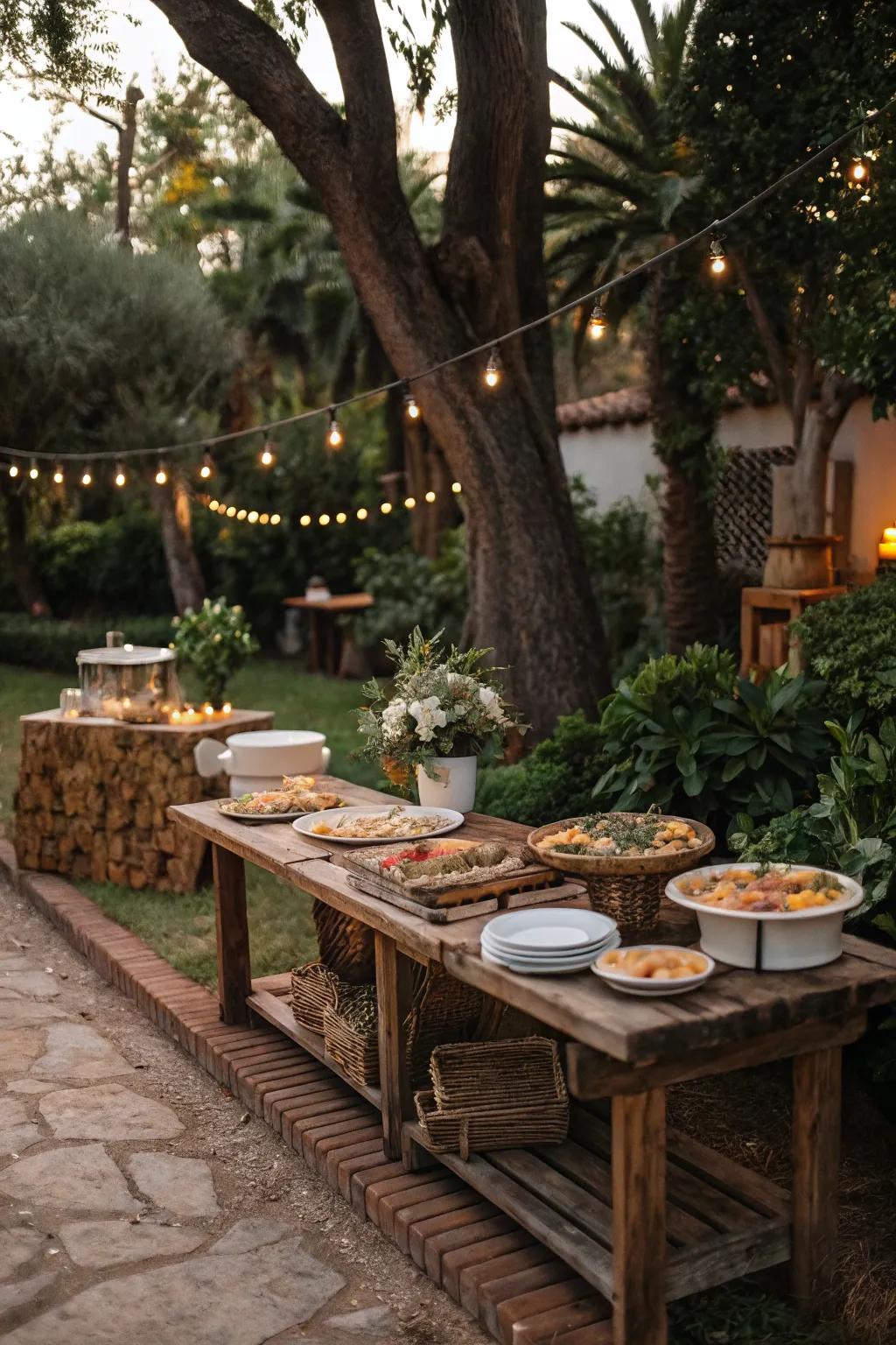 Rustic wooden tables create a warm and inviting buffet atmosphere