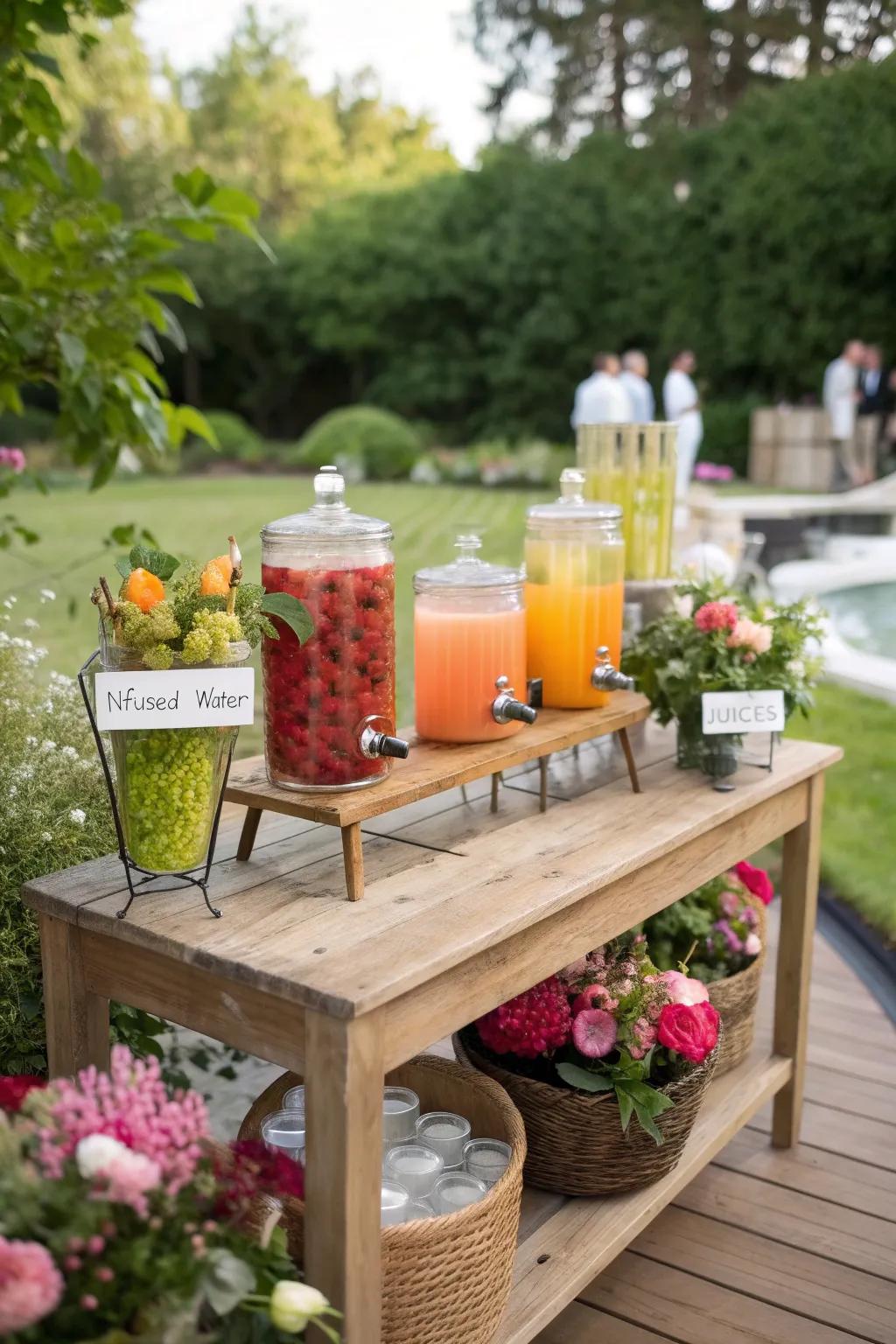 A DIY beverage station offers refreshing drink options