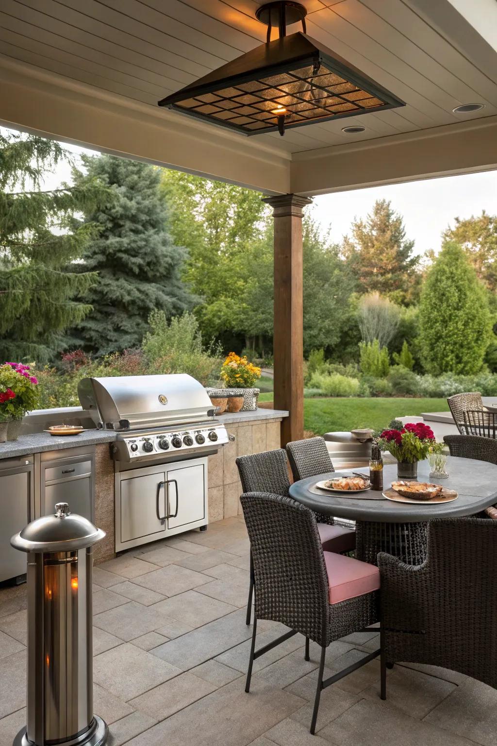 Outdoor heating extends kitchen usability into cooler months.