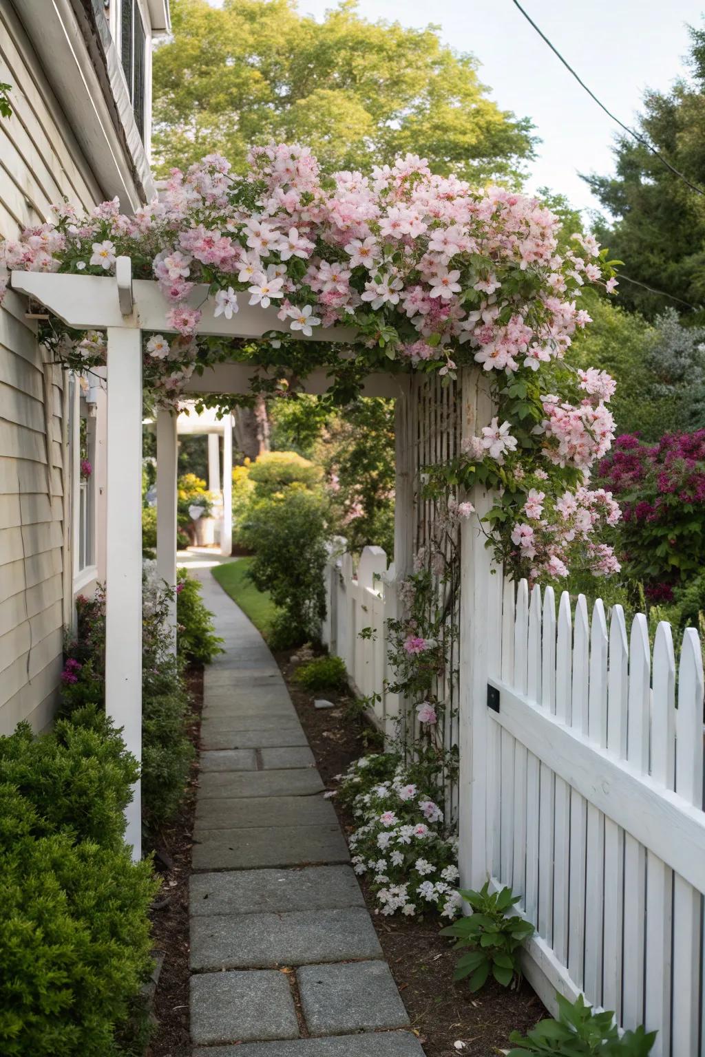 Pergolas and arbors add vertical interest and support climbing plants.