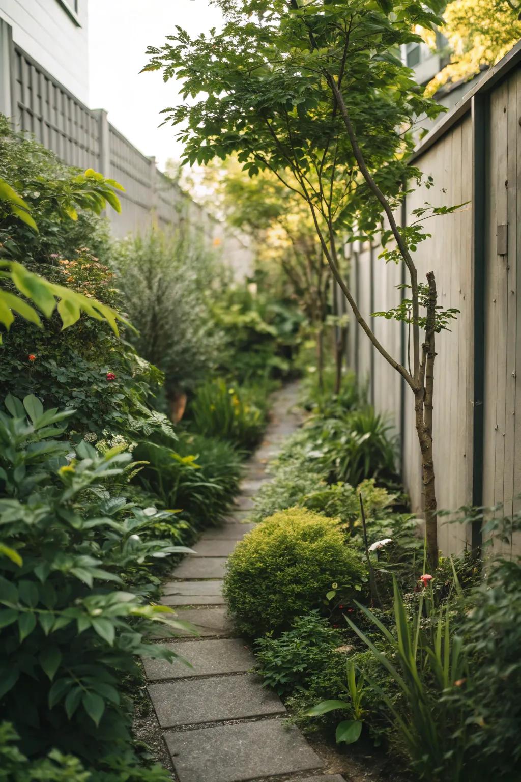 Lush greenery transforms narrow spaces into serene retreats.