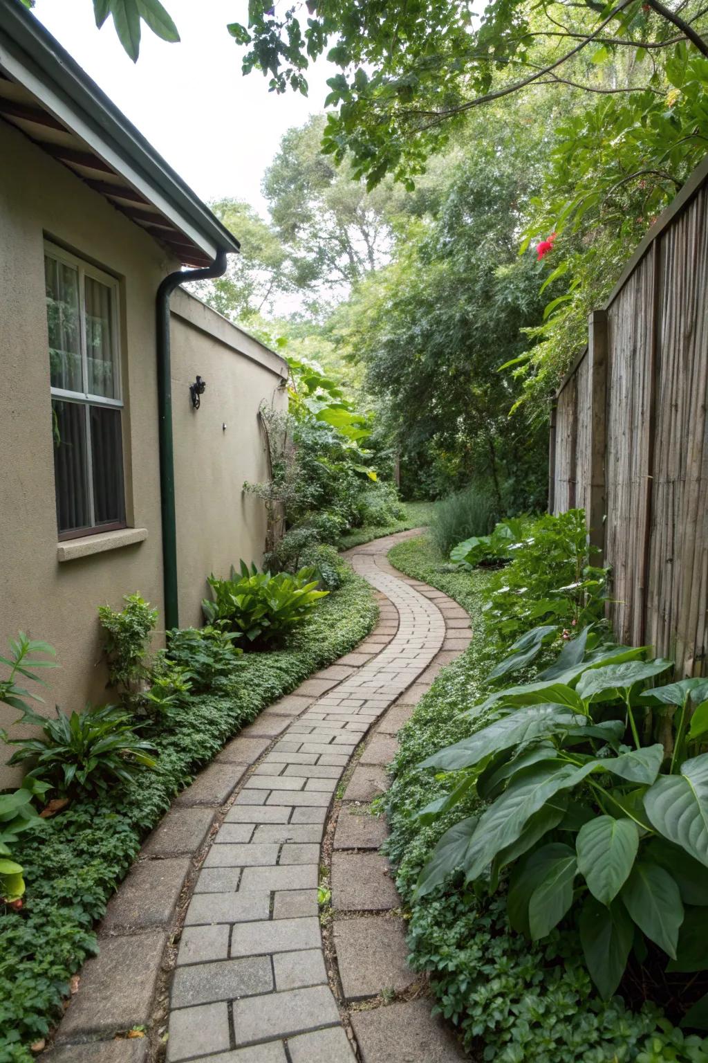 A winding stone path creates an illusion of more space in a narrow side yard.