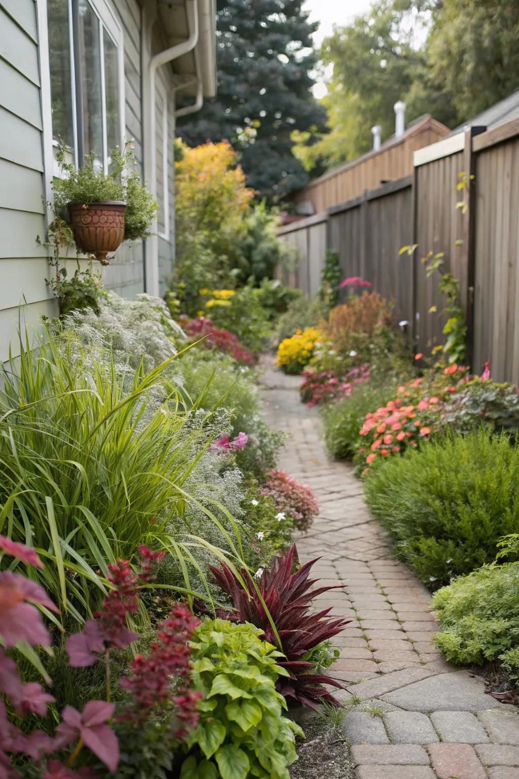 Mixed planting arrangements bring life and color to narrow spaces.