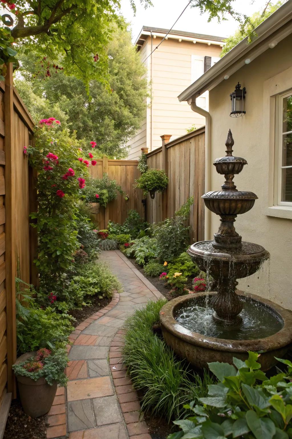 A water feature adds a soothing element to your narrow side yard.