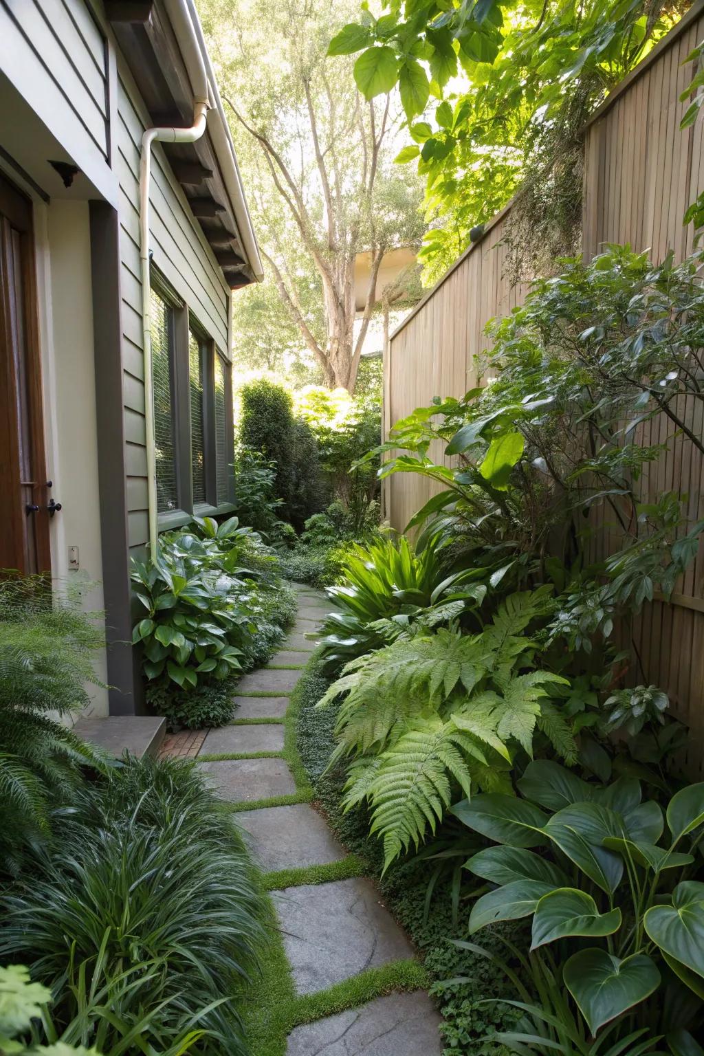 Textural contrasts create visual intrigue in narrow spaces.