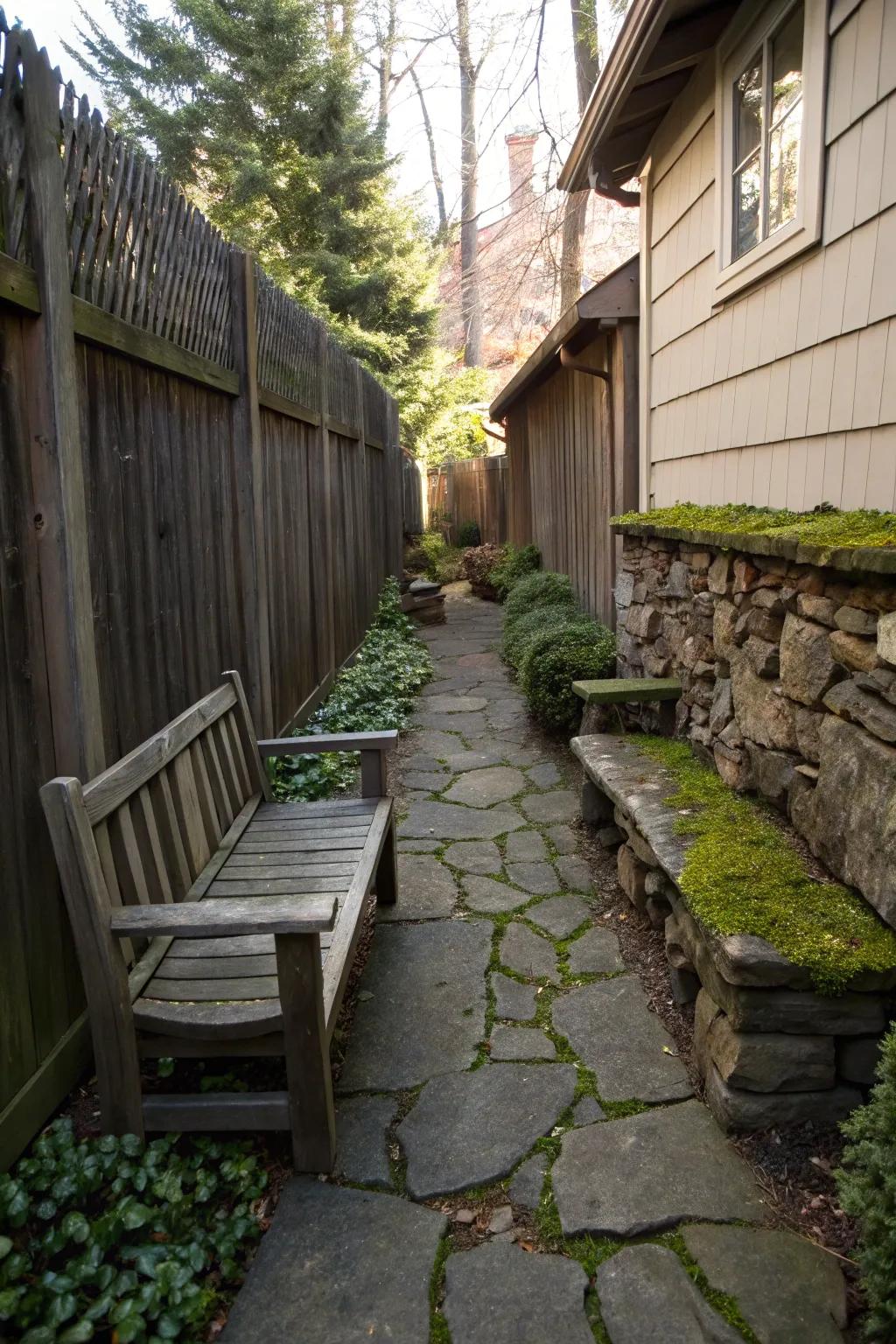 Rustic materials bring a natural charm to your side yard.