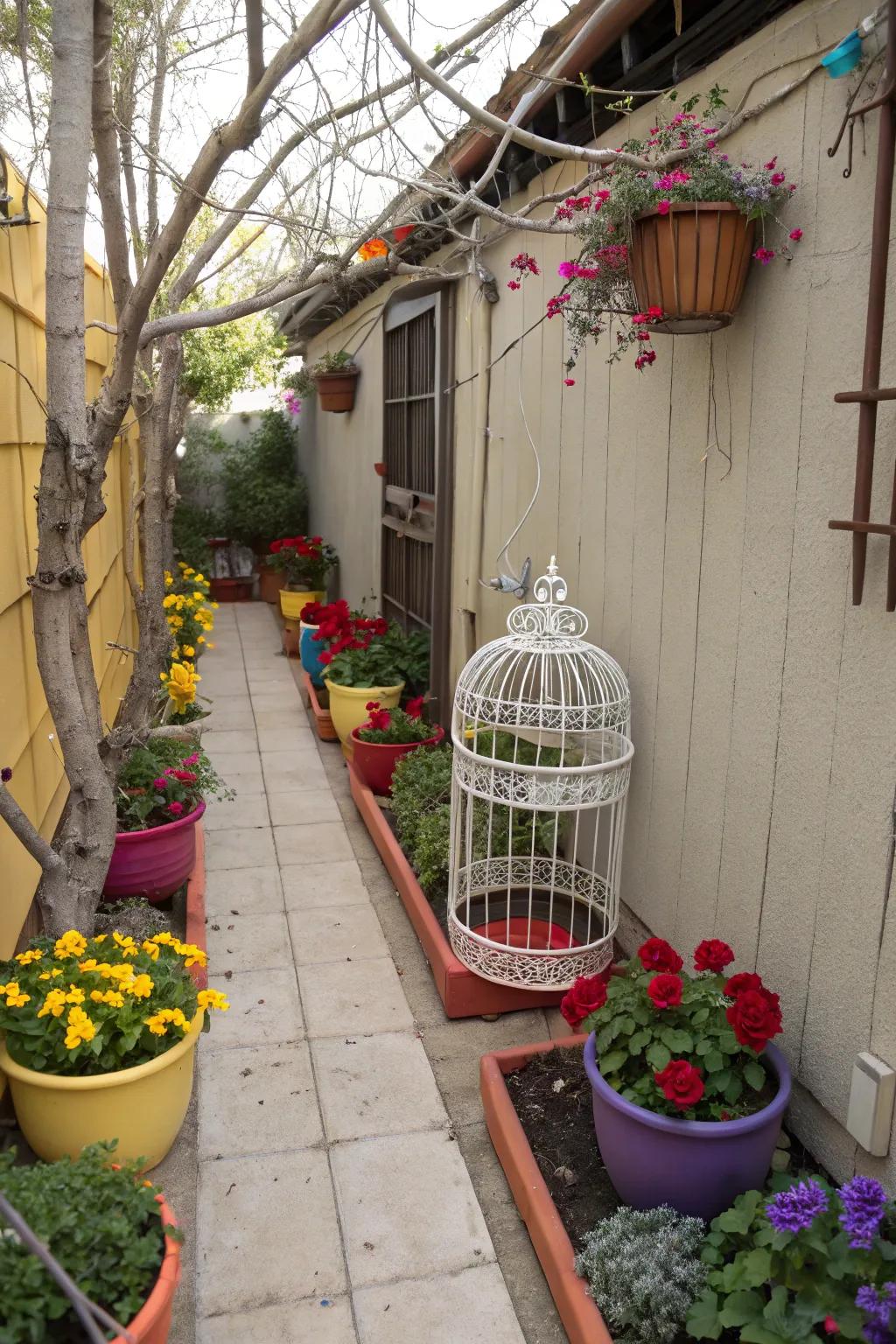 Decorative elements like colorful pots add charm to your narrow yard.