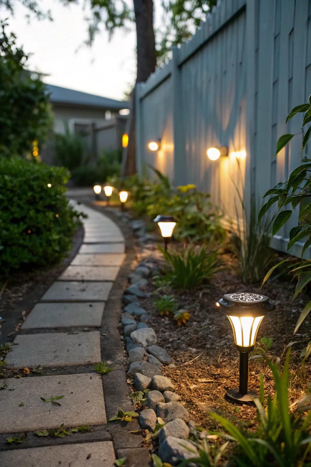 Solar lights add a warm glow to the side yard, enhancing both safety and ambiance.