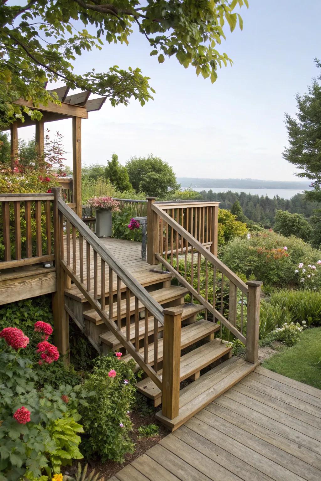 An elevated deck offering stunning views of the garden.