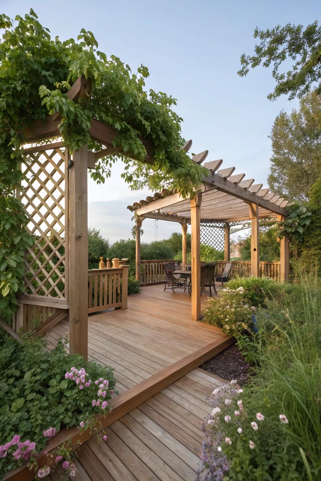 A pergola that adds shade and style to the deck.