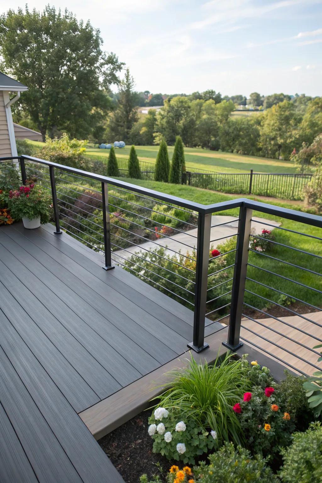 Stylish railings that enhance the deck's aesthetic and view.