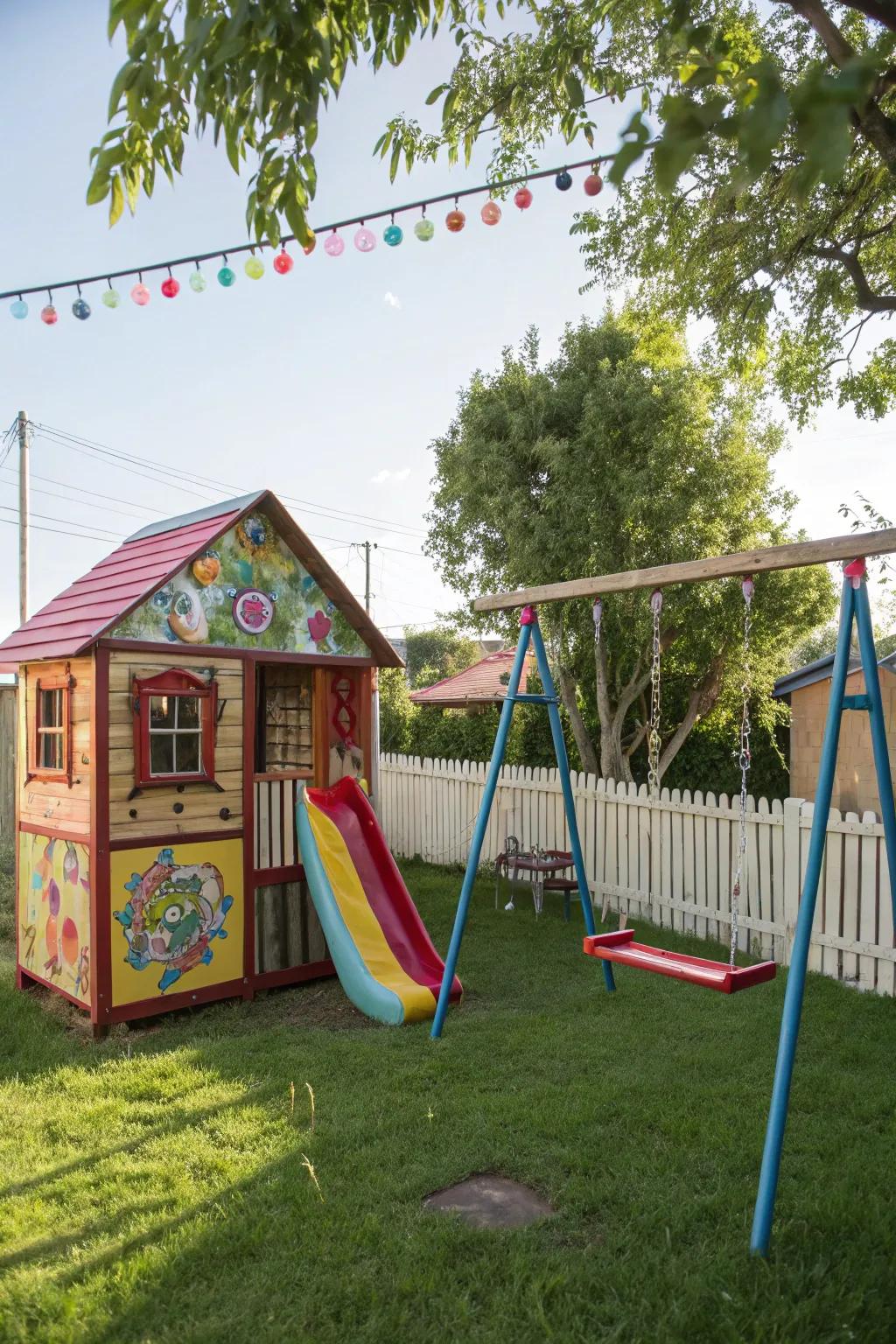 Vividly painted DIY playhouse beside a swing set.