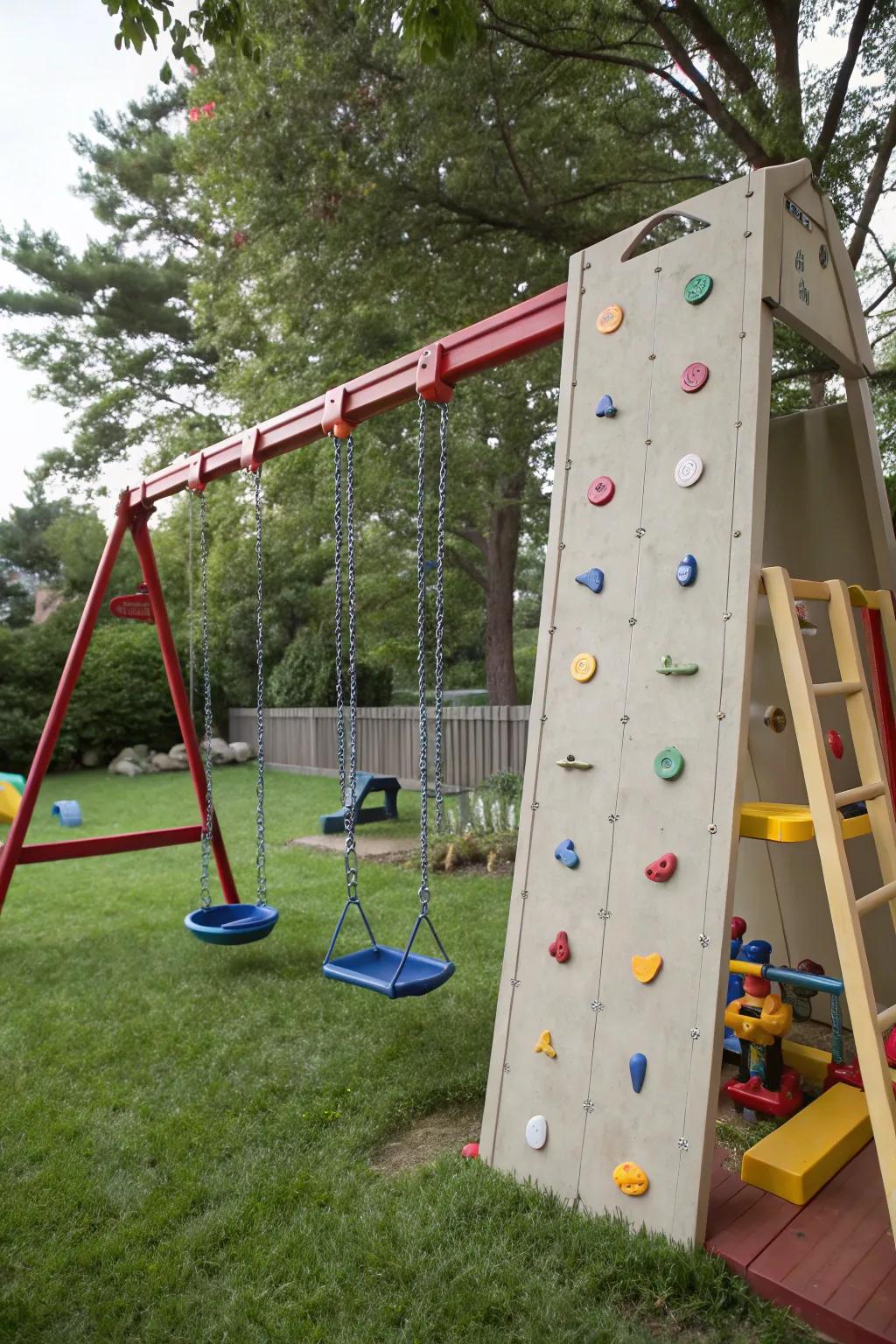 Swing set outfitted with a colorful climbing wall.