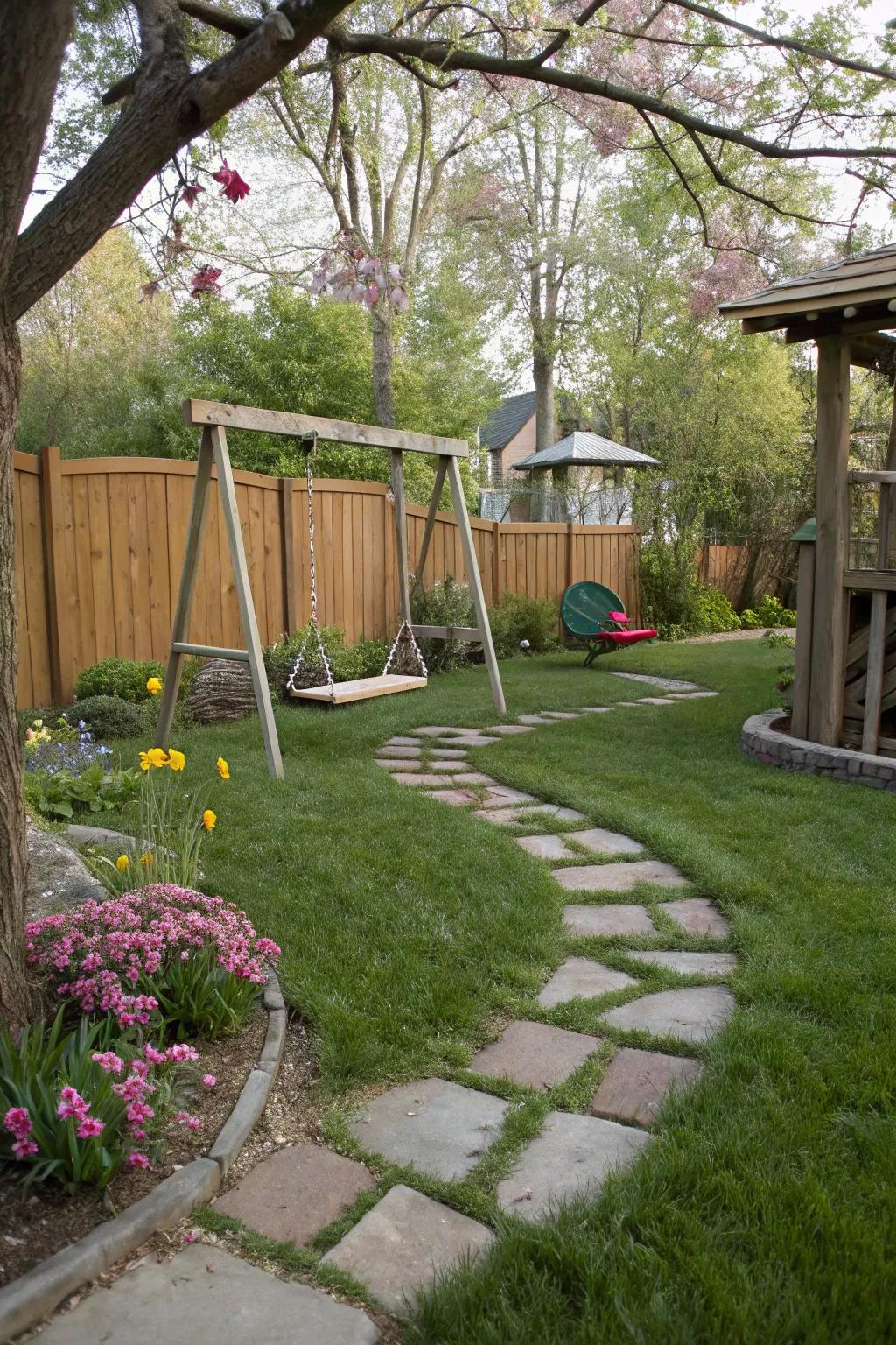 Garden paths winding through backyard to a swing set.