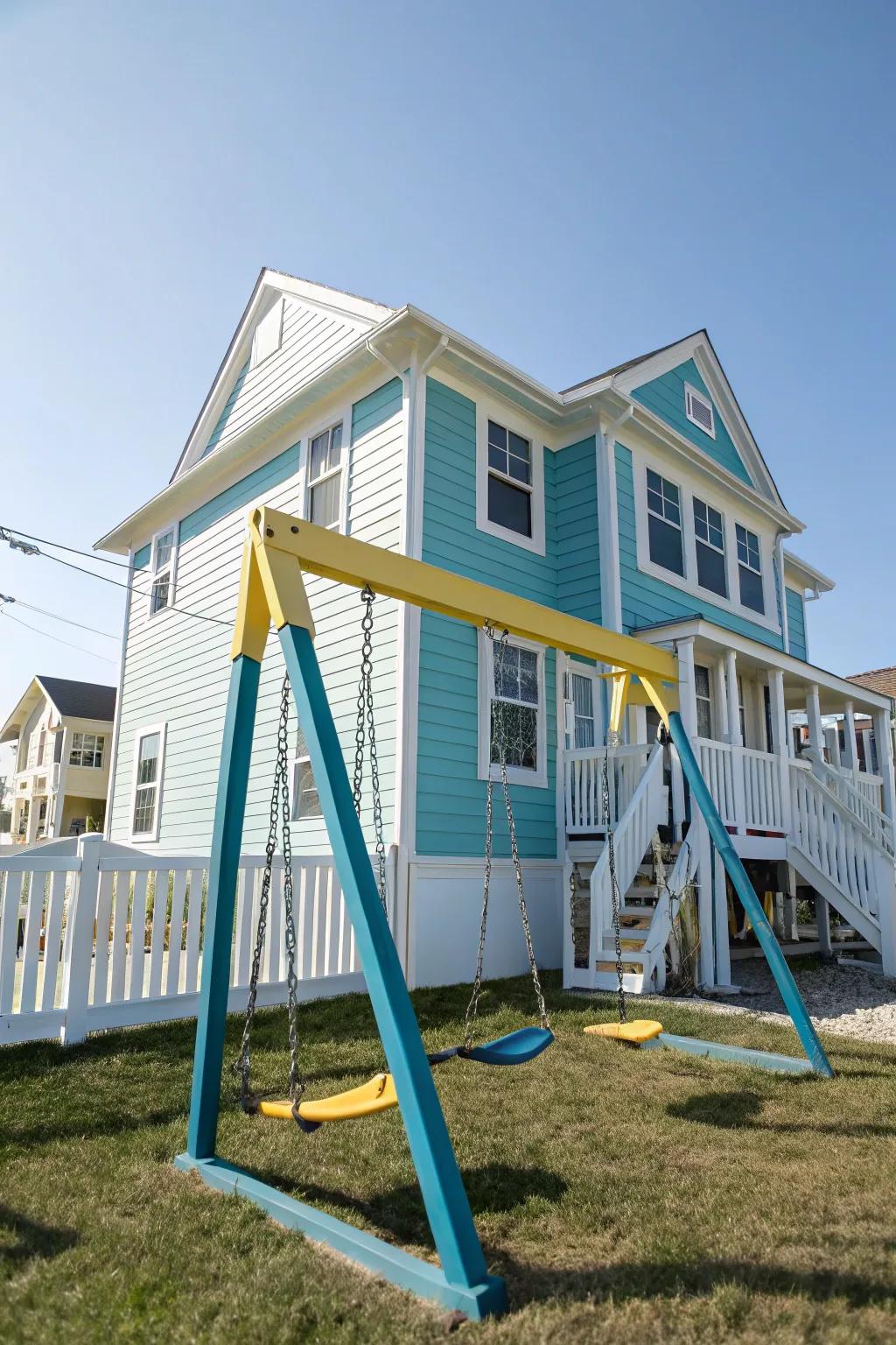 Swing set painted to coordinate with adjacent house colors.