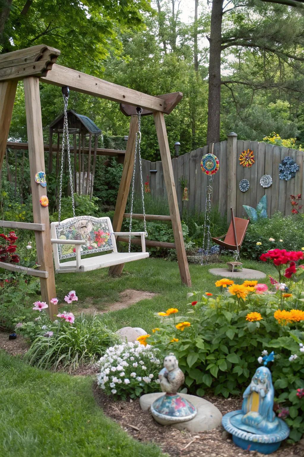 Swing set featuring surrounding garden art for a whimsical appeal.