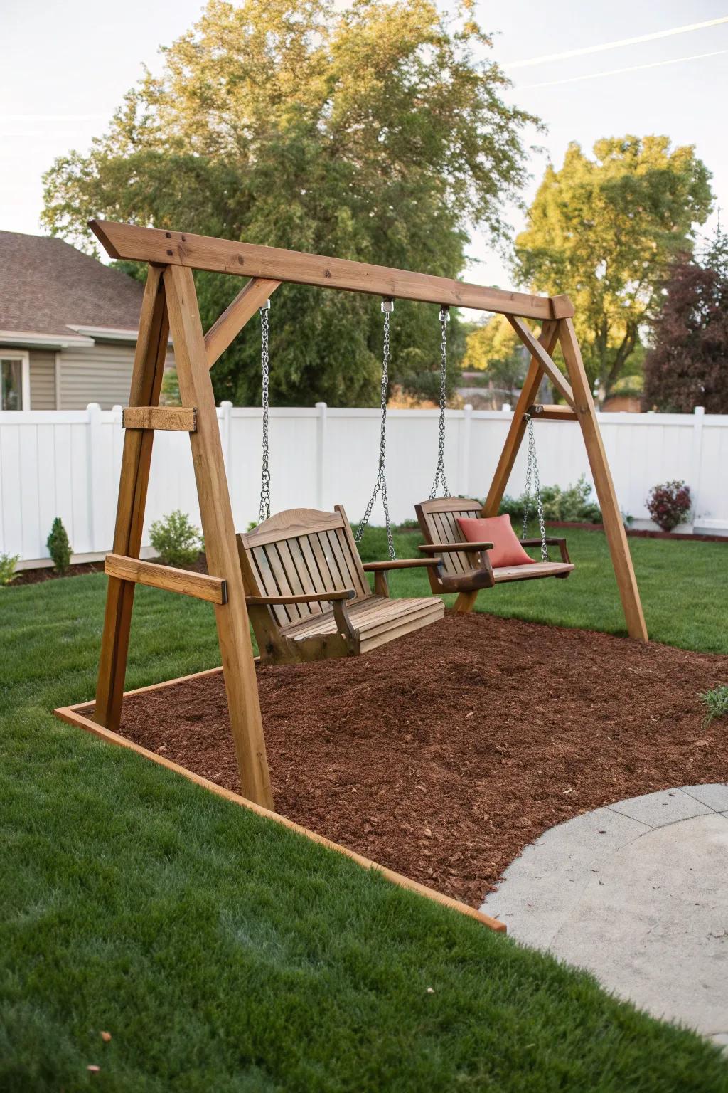 Eco-friendly mulch surrounding a swing set ensuring a soft play base.
